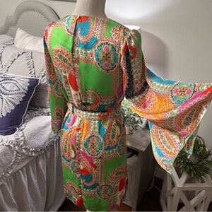 Vintage Silky Linea Domani Vibrant Dress Fully Lined Flowy Sleeves Size Small